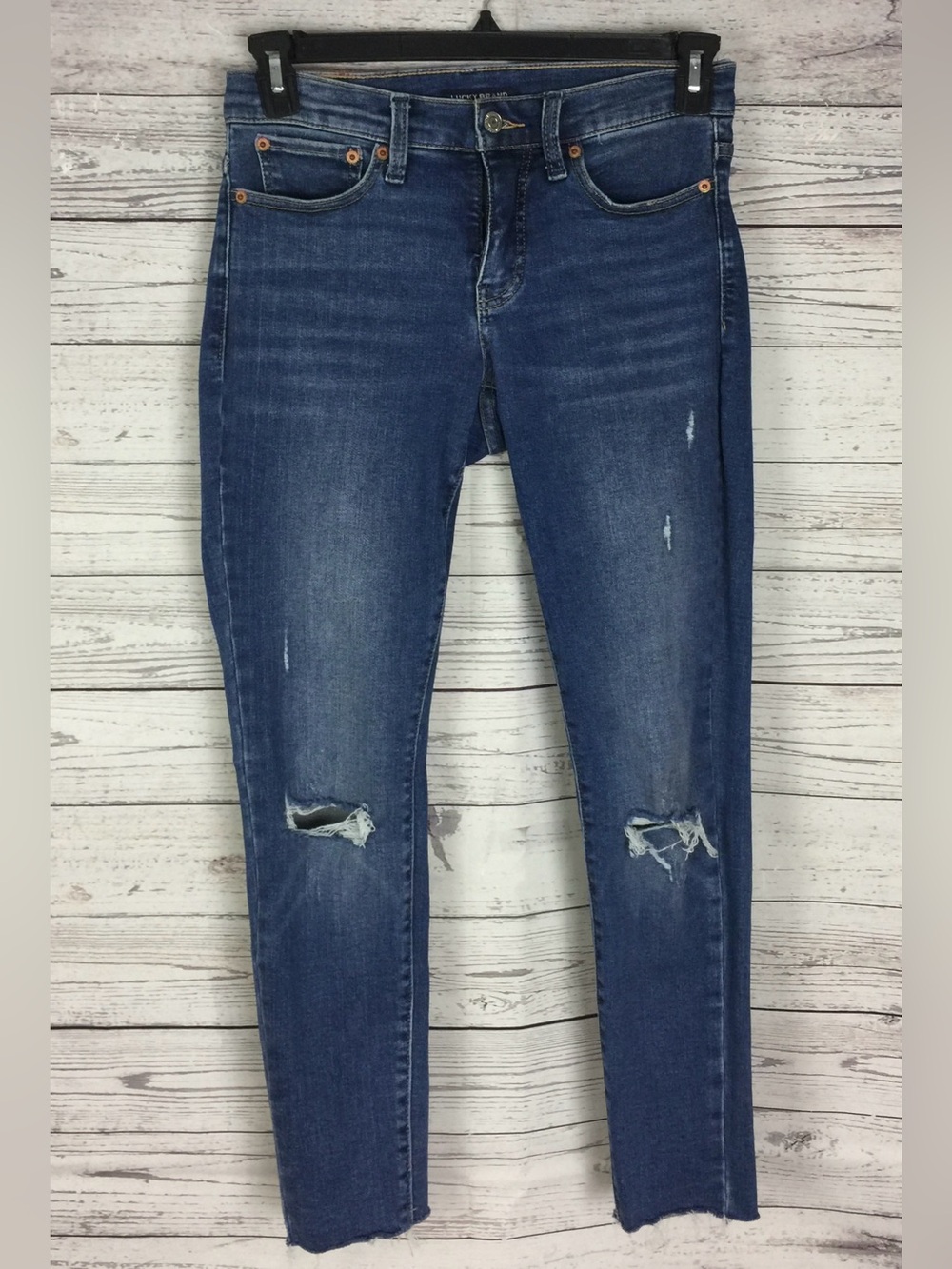 Lucky Brand Ava Skinny Jeans Women’s Size 6/28 Blue Distressed Raw Hem Stretch